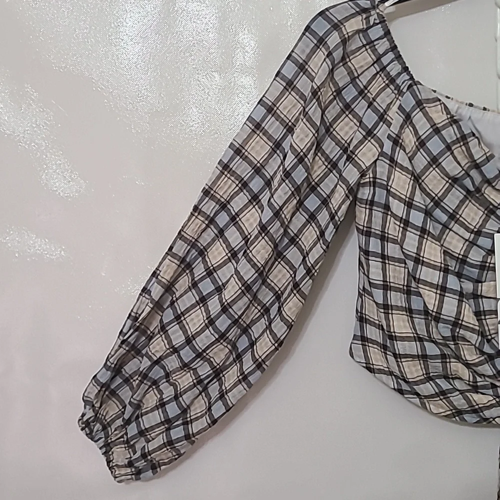 Zara Women's Plaid Long Sleeve Crop Black & White Top‎ Size Medium NEW WITH TAGS